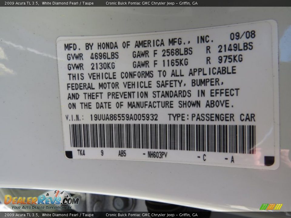 2009 Acura TL 3.5 White Diamond Pearl / Taupe Photo #25