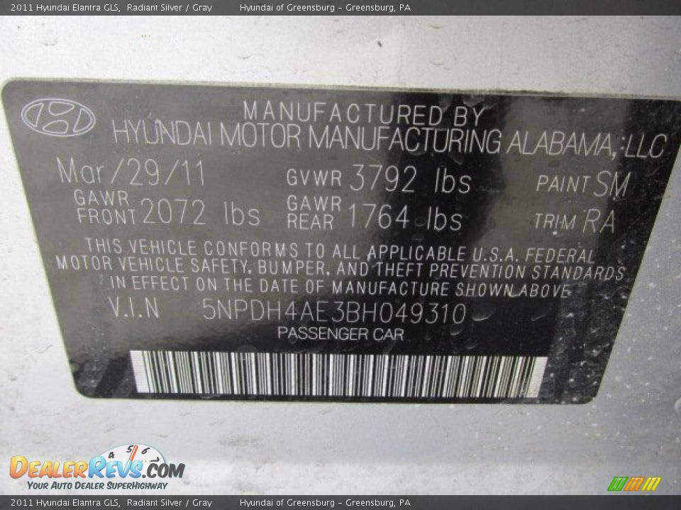 2011 Hyundai Elantra GLS Radiant Silver / Gray Photo #24