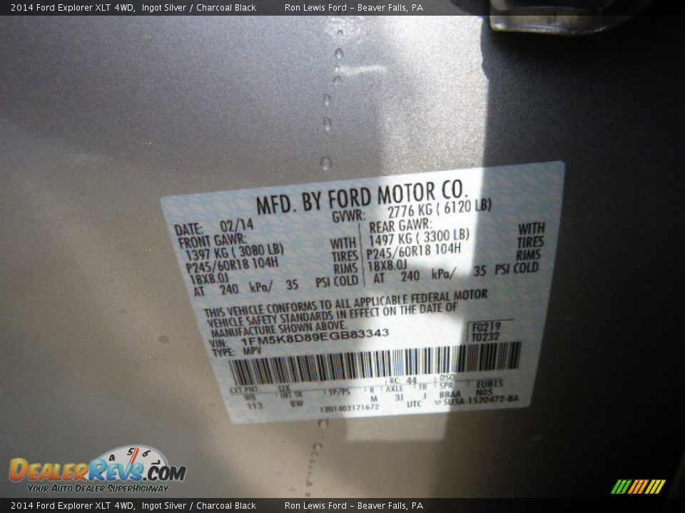 2014 Ford Explorer XLT 4WD Ingot Silver / Charcoal Black Photo #20