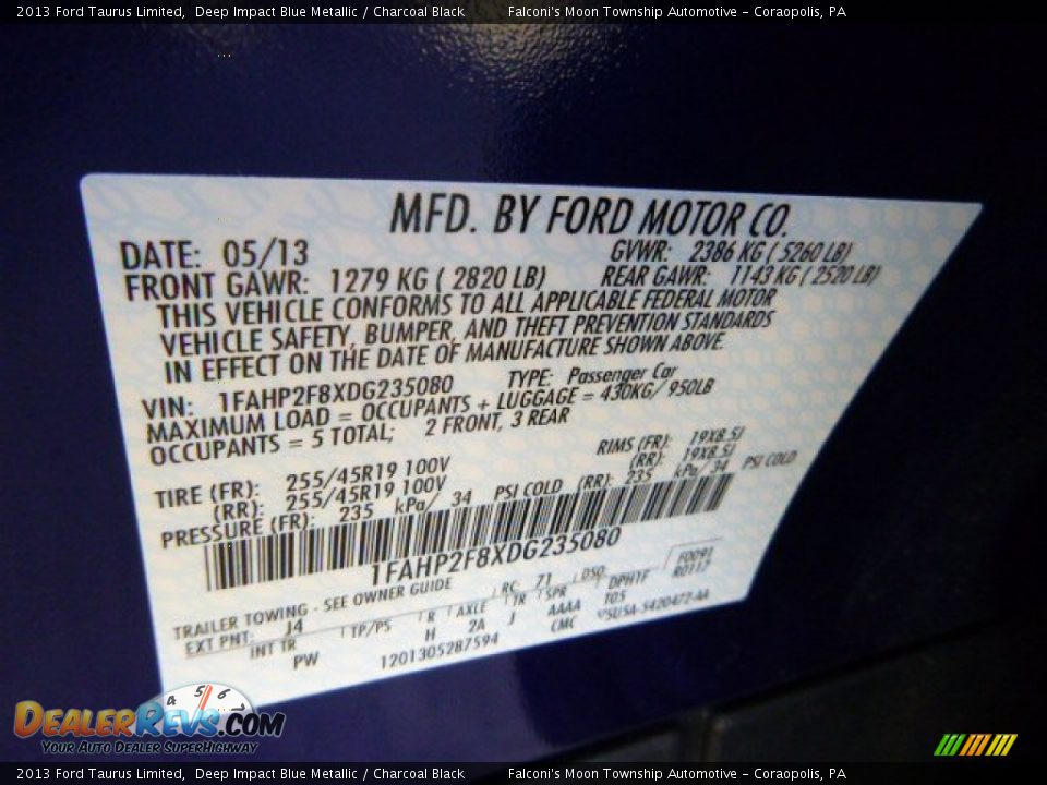 2013 Ford Taurus Limited Deep Impact Blue Metallic / Charcoal Black Photo #23