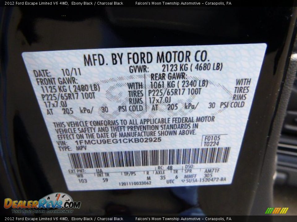 2012 Ford Escape Limited V6 4WD Ebony Black / Charcoal Black Photo #24