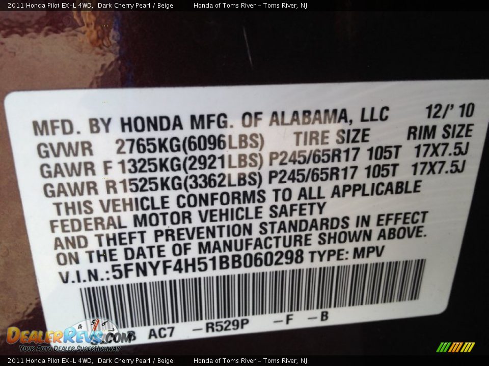 2011 Honda Pilot EX-L 4WD Dark Cherry Pearl / Beige Photo #19