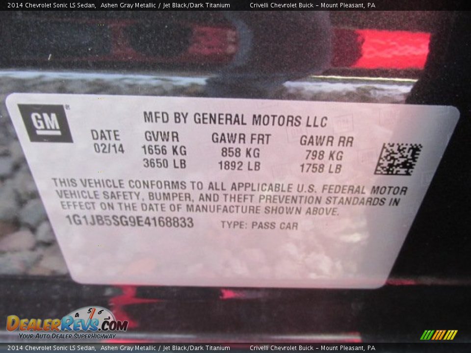 2014 Chevrolet Sonic LS Sedan Ashen Gray Metallic / Jet Black/Dark Titanium Photo #15