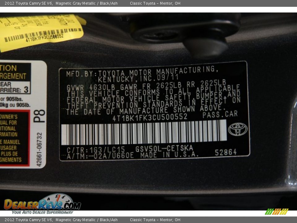 2012 Toyota Camry SE V6 Magnetic Gray Metallic / Black/Ash Photo #33