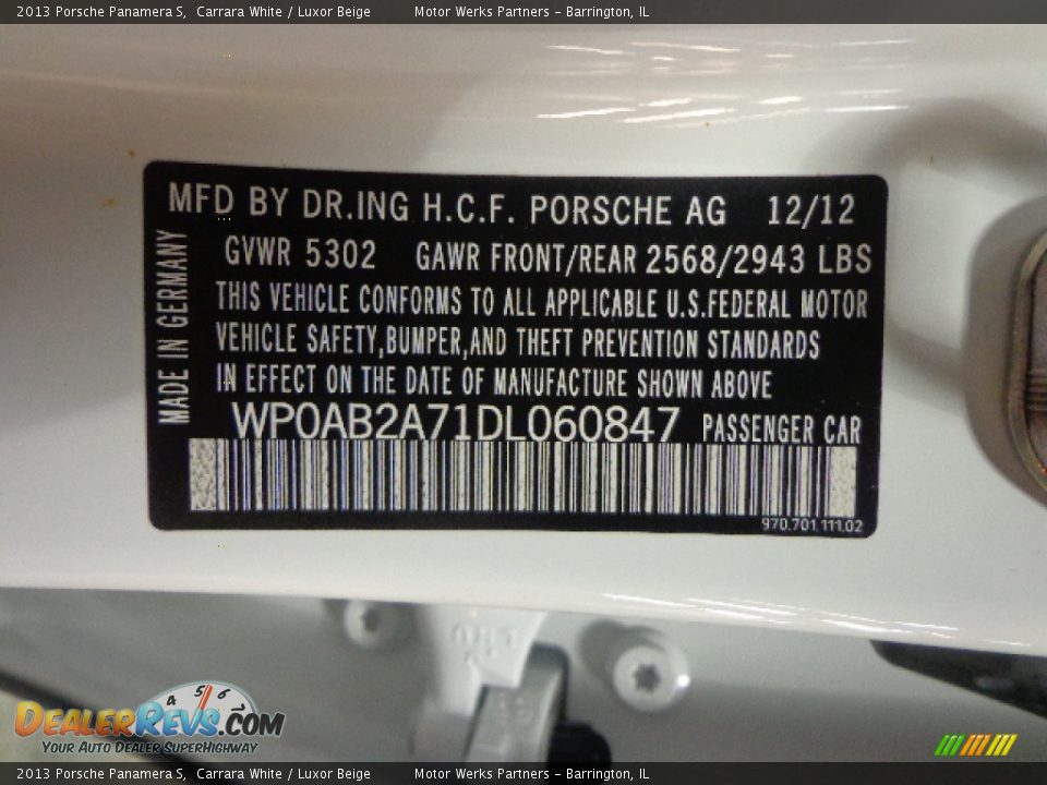 Info Tag of 2013 Porsche Panamera S Photo #18