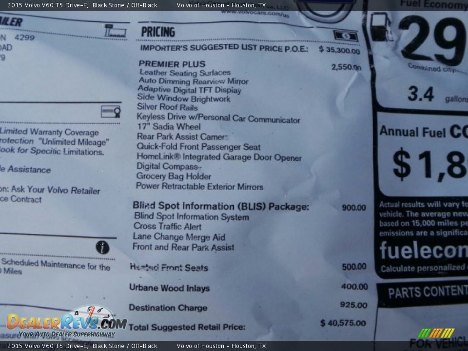 2015 Volvo V60 T5 Drive-E Window Sticker Photo #32