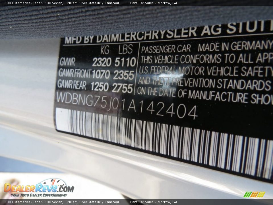 2001 Mercedes-Benz S 500 Sedan Brilliant Silver Metallic / Charcoal Photo #16