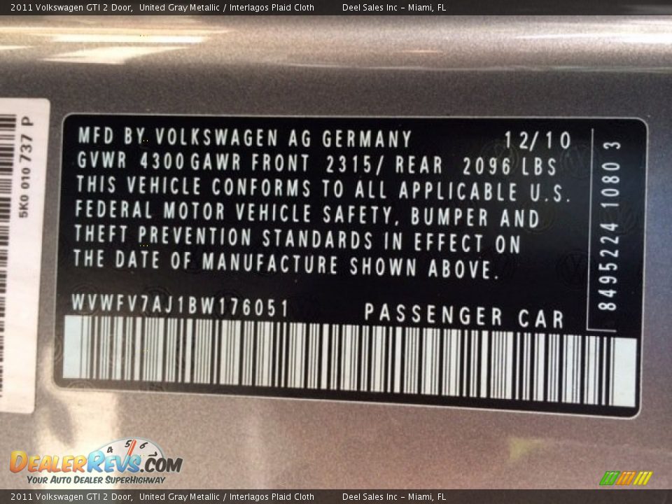 2011 Volkswagen GTI 2 Door United Gray Metallic / Interlagos Plaid Cloth Photo #13
