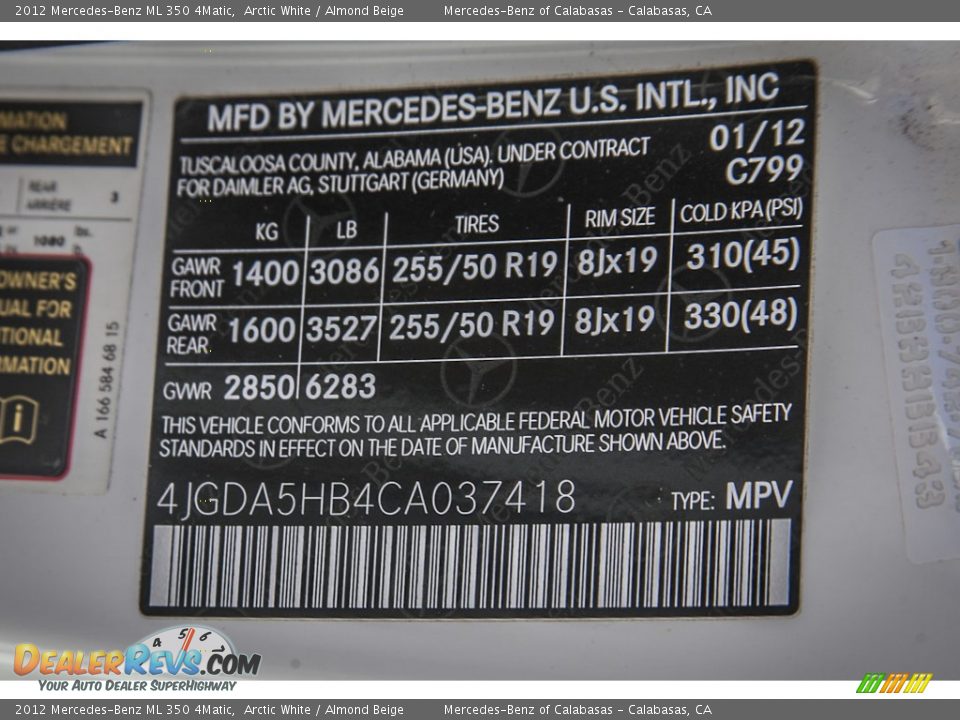 2012 Mercedes-Benz ML 350 4Matic Arctic White / Almond Beige Photo #20