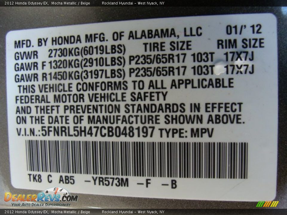 2012 Honda Odyssey EX Mocha Metallic / Beige Photo #30