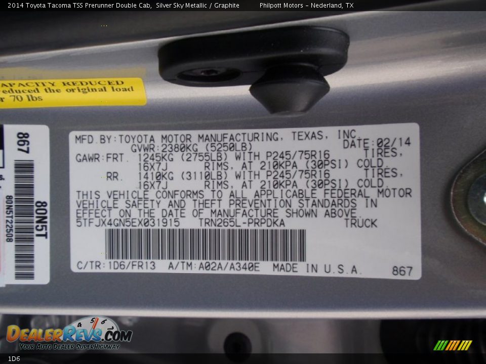 Toyota Color Code 1D6 Silver Sky Metallic