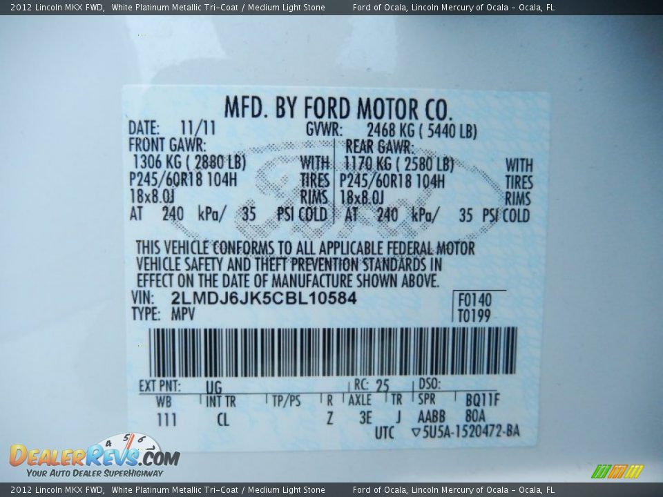 2012 Lincoln MKX FWD White Platinum Metallic Tri-Coat / Medium Light Stone Photo #25