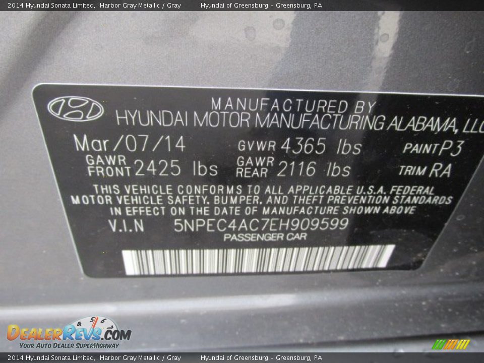 2014 Hyundai Sonata Limited Harbor Gray Metallic / Gray Photo #20