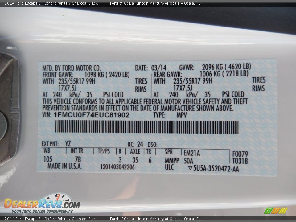 2014 Ford Escape S Oxford White / Charcoal Black Photo #12