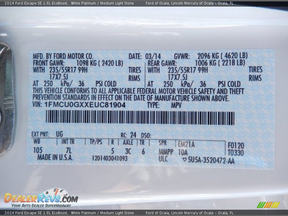 2014 Ford Escape SE 1.6L EcoBoost White Platinum / Medium Light Stone Photo #12