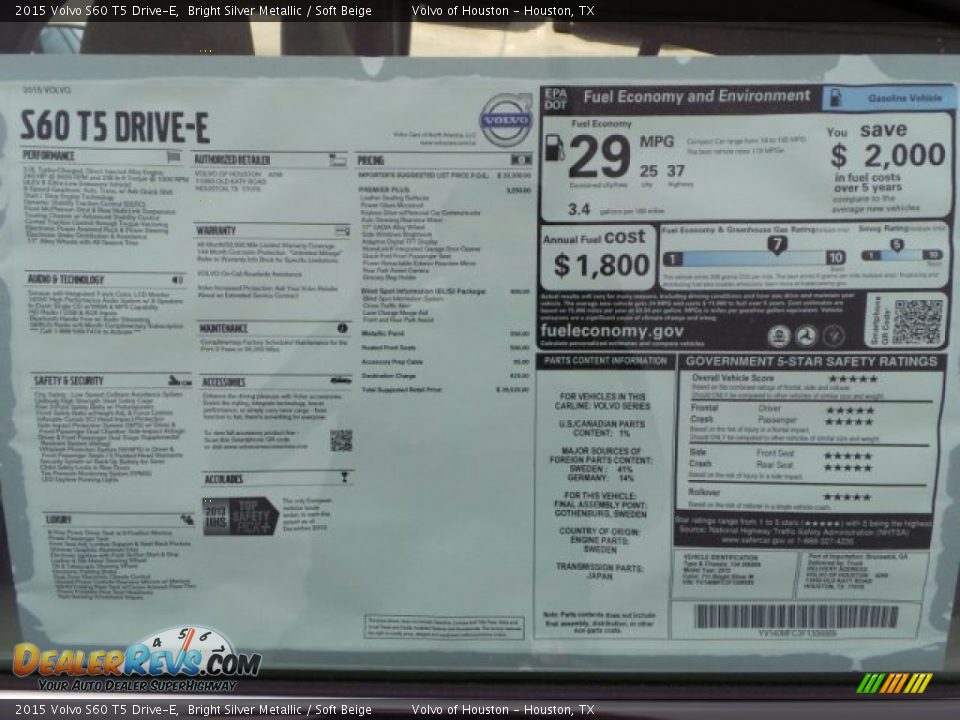 2015 Volvo S60 T5 Drive-E Bright Silver Metallic / Soft Beige Photo #29