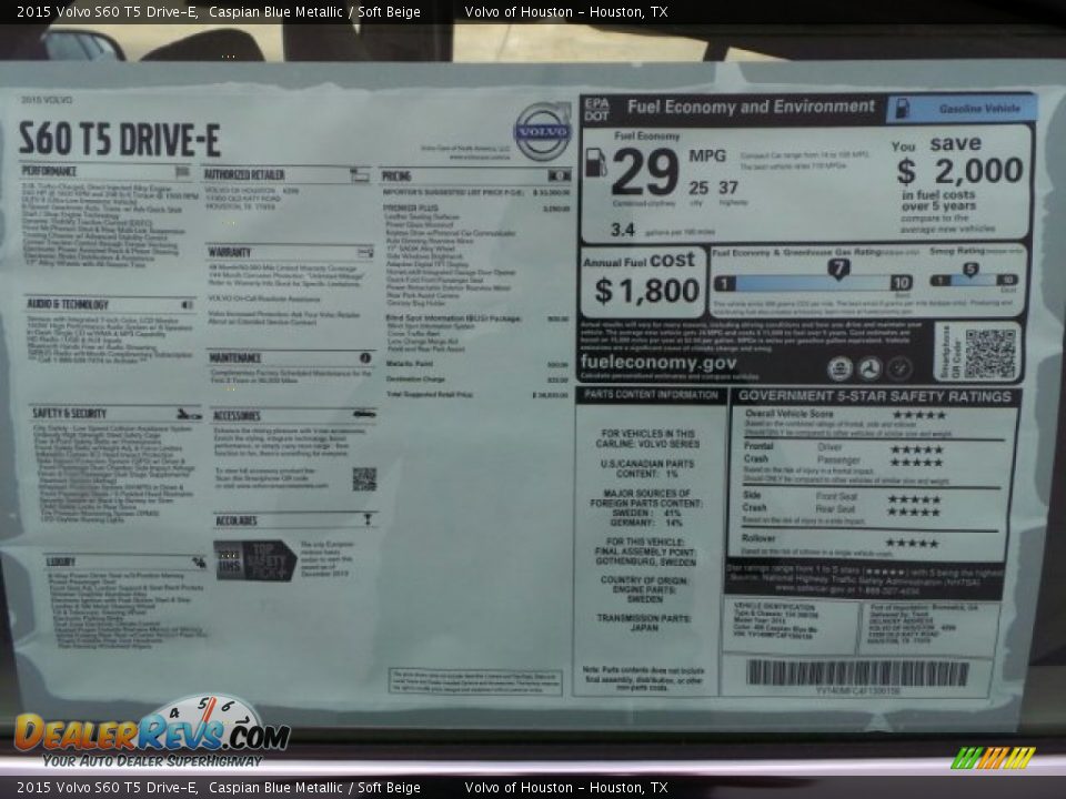 2015 Volvo S60 T5 Drive-E Window Sticker Photo #30