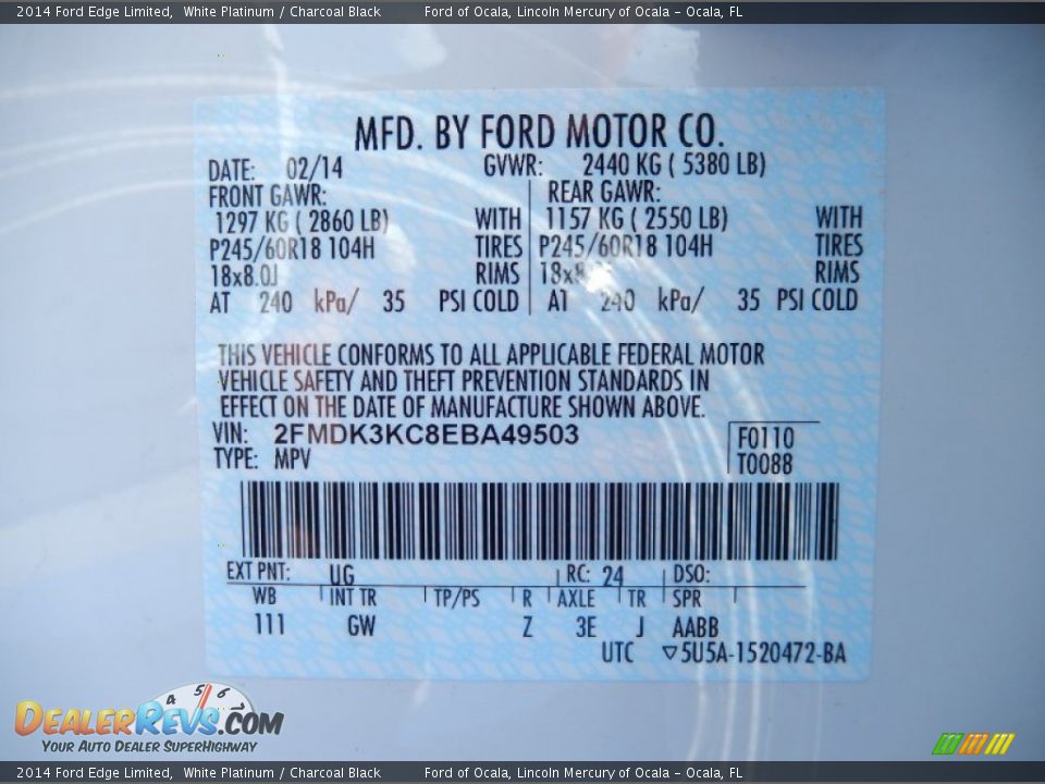 2014 Ford Edge Limited White Platinum / Charcoal Black Photo #13