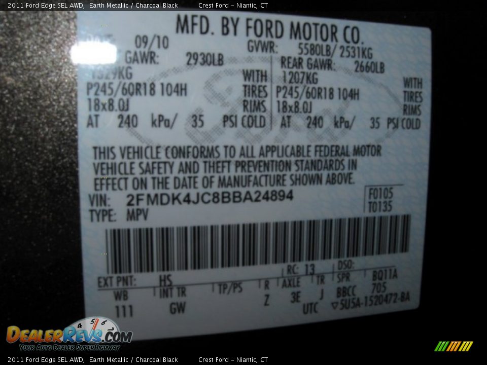 2011 Ford Edge SEL AWD Earth Metallic / Charcoal Black Photo #13