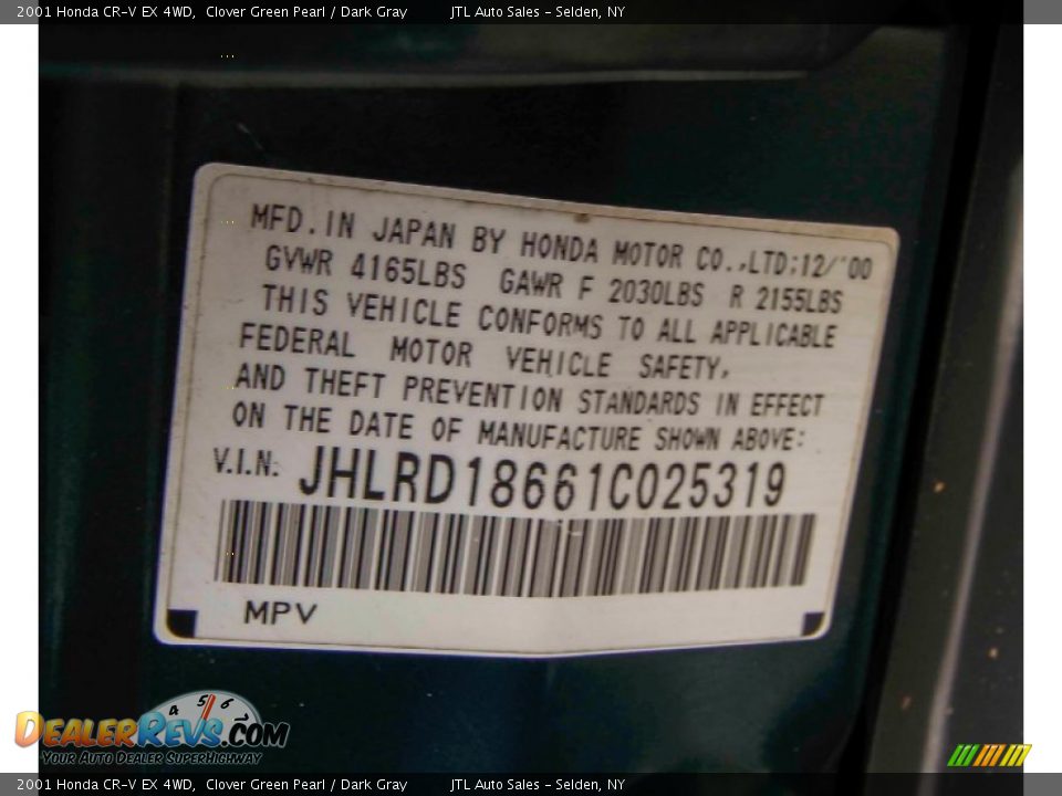 2001 Honda CR-V EX 4WD Clover Green Pearl / Dark Gray Photo #16