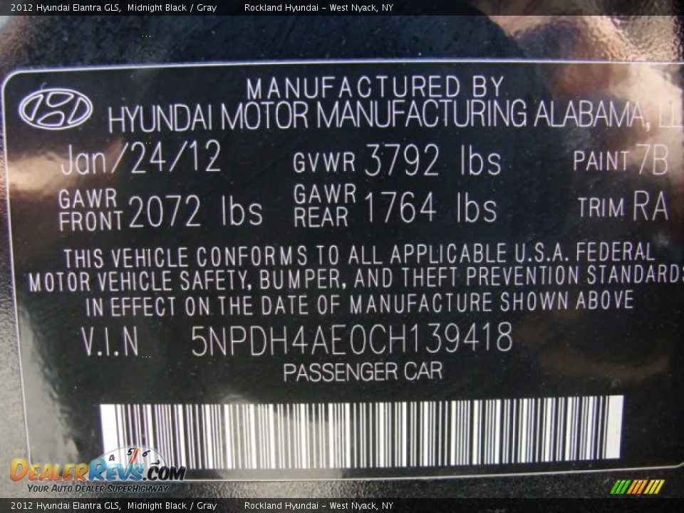 2012 Hyundai Elantra GLS Midnight Black / Gray Photo #30