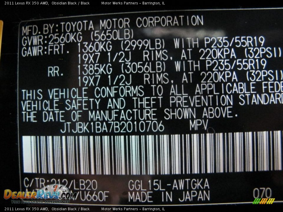 2011 Lexus RX 350 AWD Obsidian Black / Black Photo #30