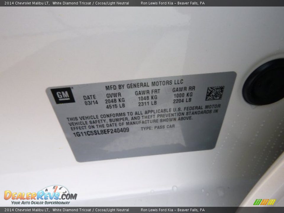2014 Chevrolet Malibu LT White Diamond Tricoat / Cocoa/Light Neutral Photo #20