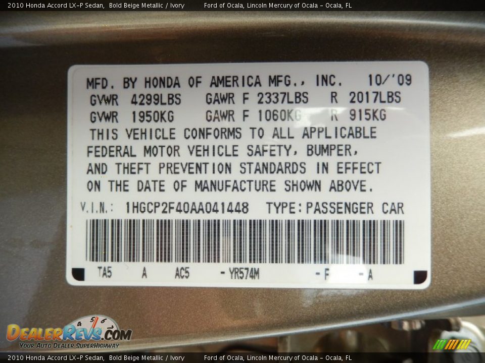 2010 Honda Accord LX-P Sedan Bold Beige Metallic / Ivory Photo #25