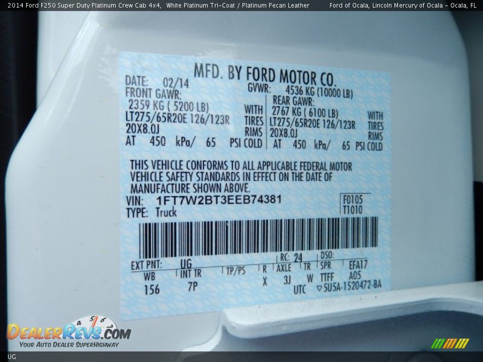 Ford Color Code UG White Platinum Tri-Coat