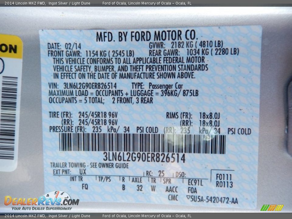 2014 Lincoln MKZ FWD Ingot Silver / Light Dune Photo #12