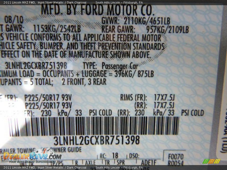 2011 Lincoln MKZ FWD Ingot Silver Metallic / Dark Charcoal Photo #24