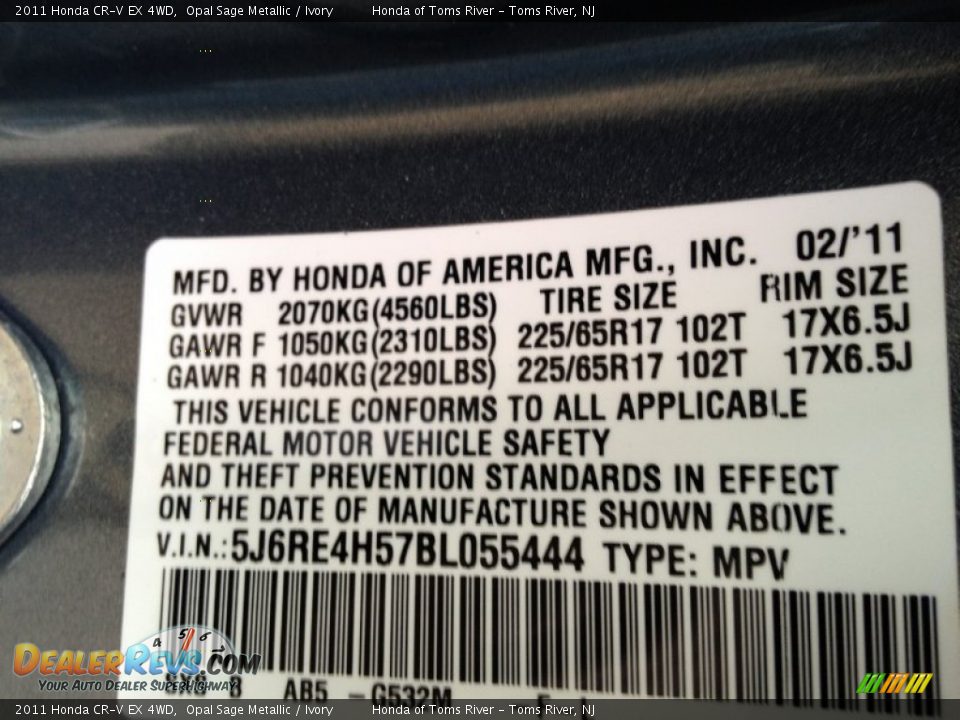 2011 Honda CR-V EX 4WD Opal Sage Metallic / Ivory Photo #18