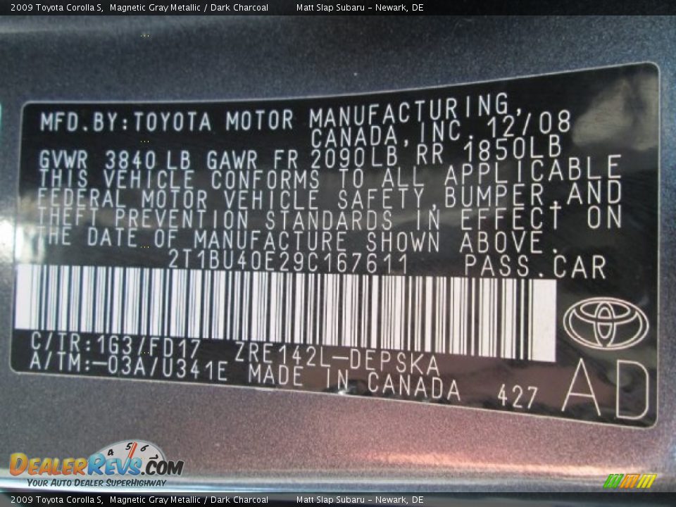 2009 Toyota Corolla S Magnetic Gray Metallic / Dark Charcoal Photo #29