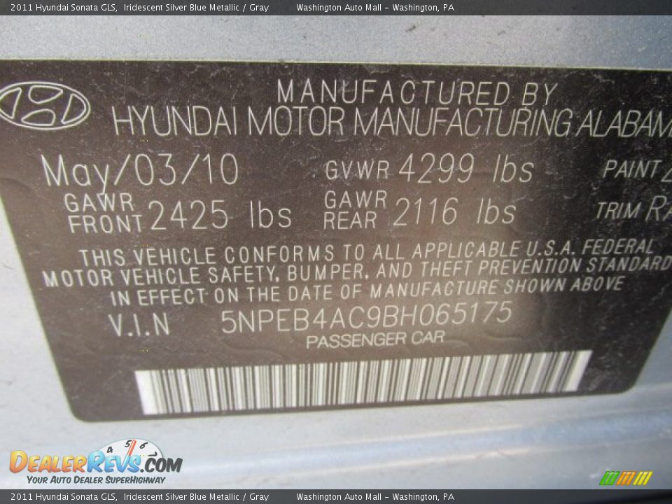 2011 Hyundai Sonata GLS Iridescent Silver Blue Metallic / Gray Photo #19