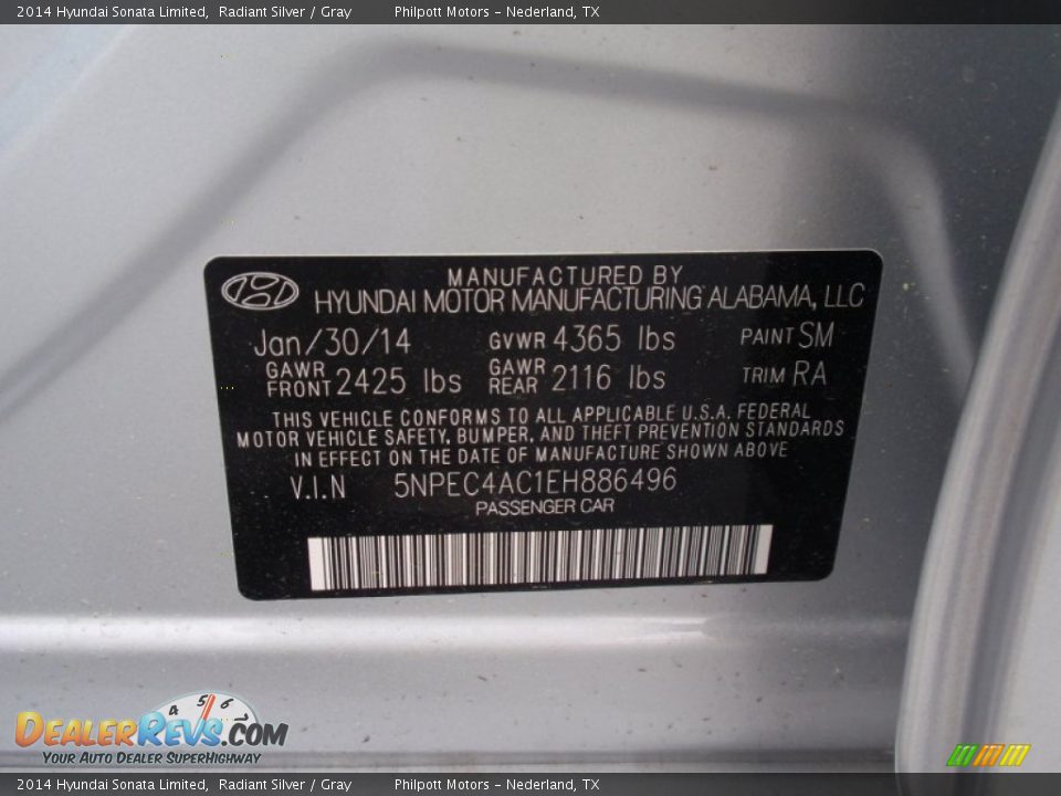 2014 Hyundai Sonata Limited Radiant Silver / Gray Photo #35