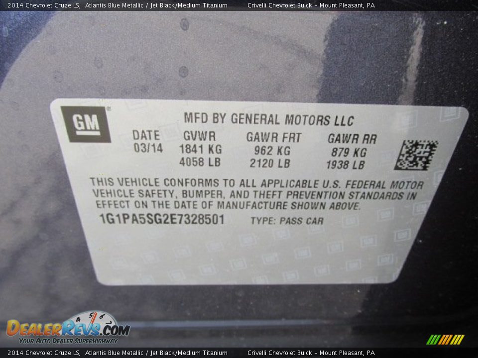 2014 Chevrolet Cruze LS Atlantis Blue Metallic / Jet Black/Medium Titanium Photo #15