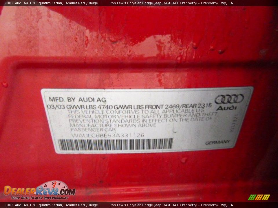 2003 Audi A4 1.8T quattro Sedan Amulet Red / Beige Photo #20