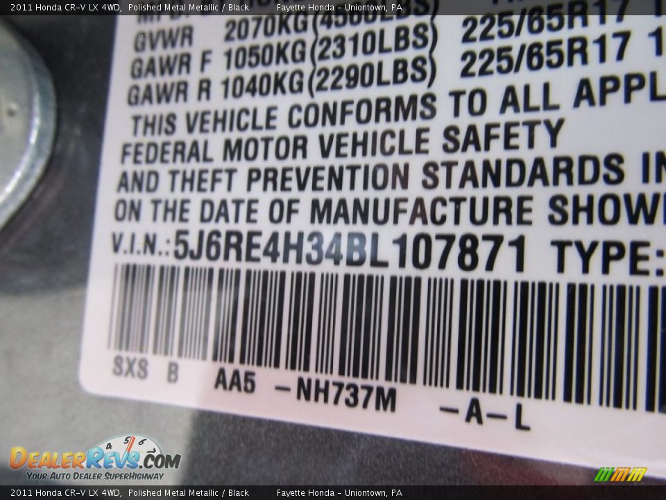 2011 Honda CR-V LX 4WD Polished Metal Metallic / Black Photo #9