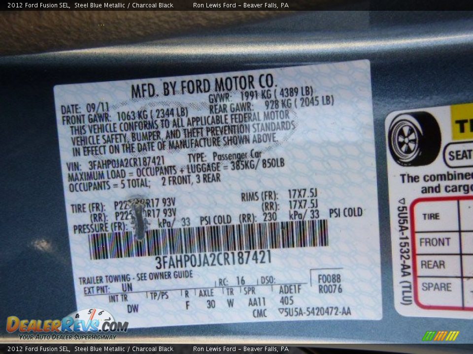 2012 Ford Fusion SEL Steel Blue Metallic / Charcoal Black Photo #20