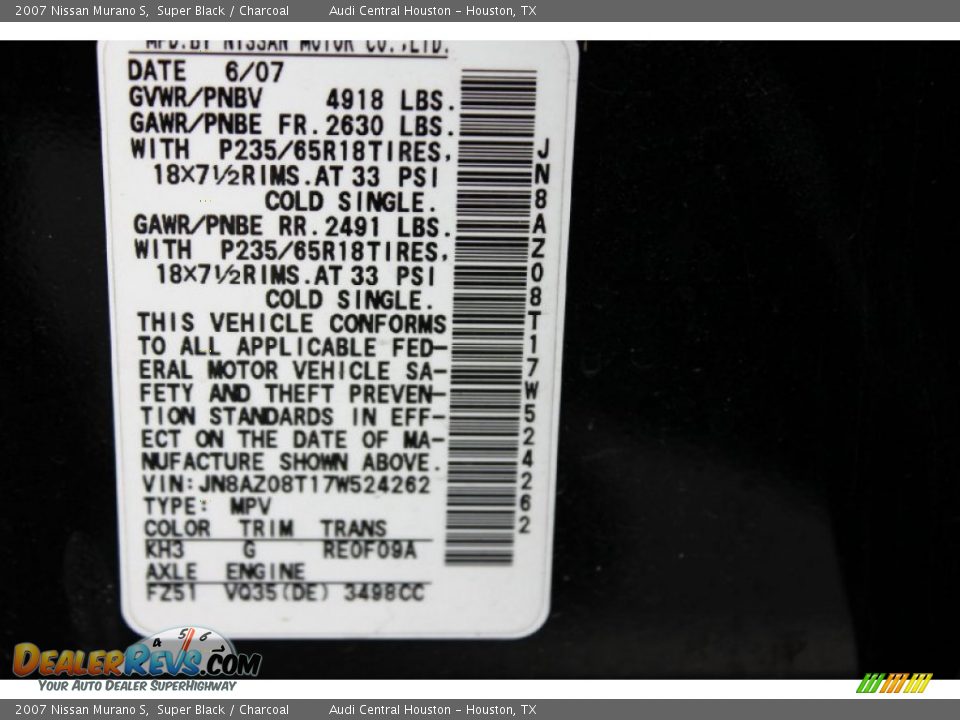2007 Nissan Murano S Super Black / Charcoal Photo #28