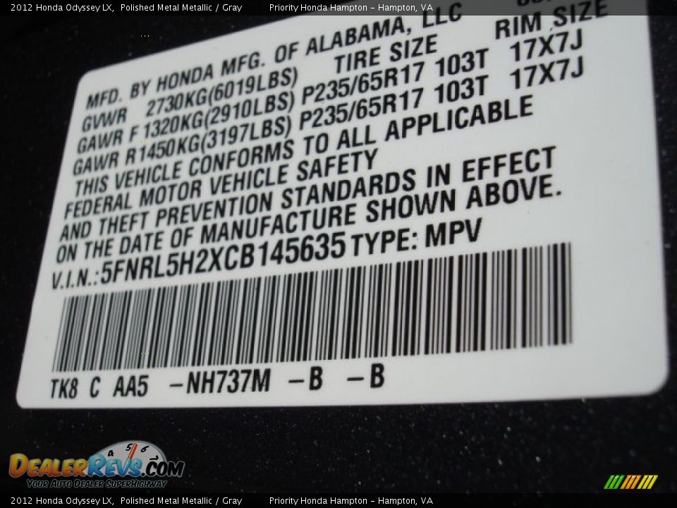 2012 Honda Odyssey LX Polished Metal Metallic / Gray Photo #28