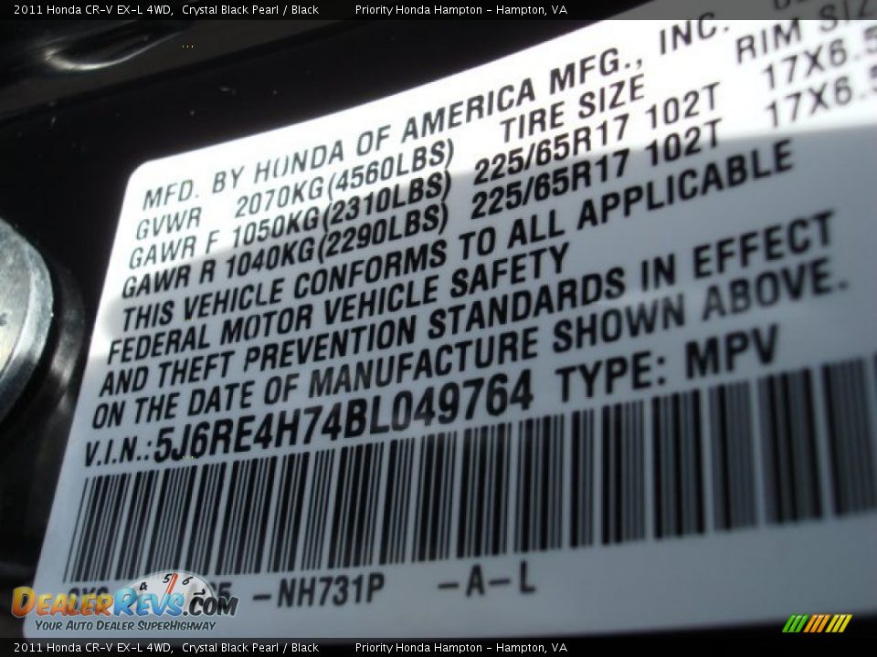 2011 Honda CR-V EX-L 4WD Crystal Black Pearl / Black Photo #28
