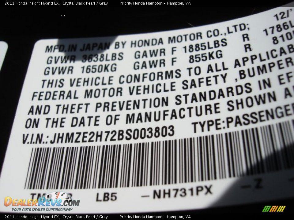2011 Honda Insight Hybrid EX Crystal Black Pearl / Gray Photo #28