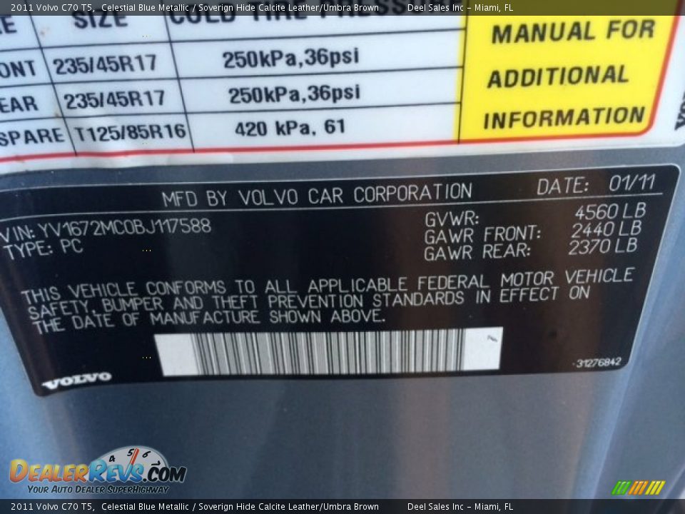 2011 Volvo C70 T5 Celestial Blue Metallic / Soverign Hide Calcite Leather/Umbra Brown Photo #14