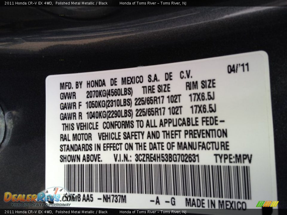 2011 Honda CR-V EX 4WD Polished Metal Metallic / Black Photo #18