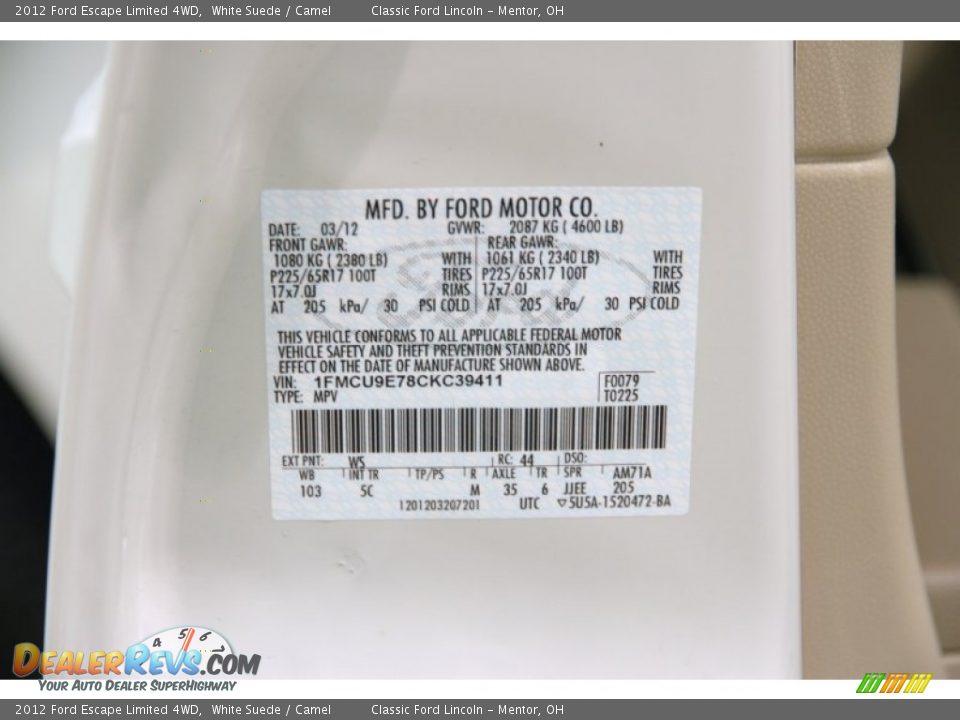 2012 Ford Escape Limited 4WD White Suede / Camel Photo #20