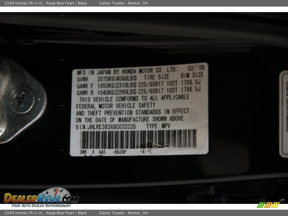 2008 Honda CR-V LX Royal Blue Pearl / Black Photo #14