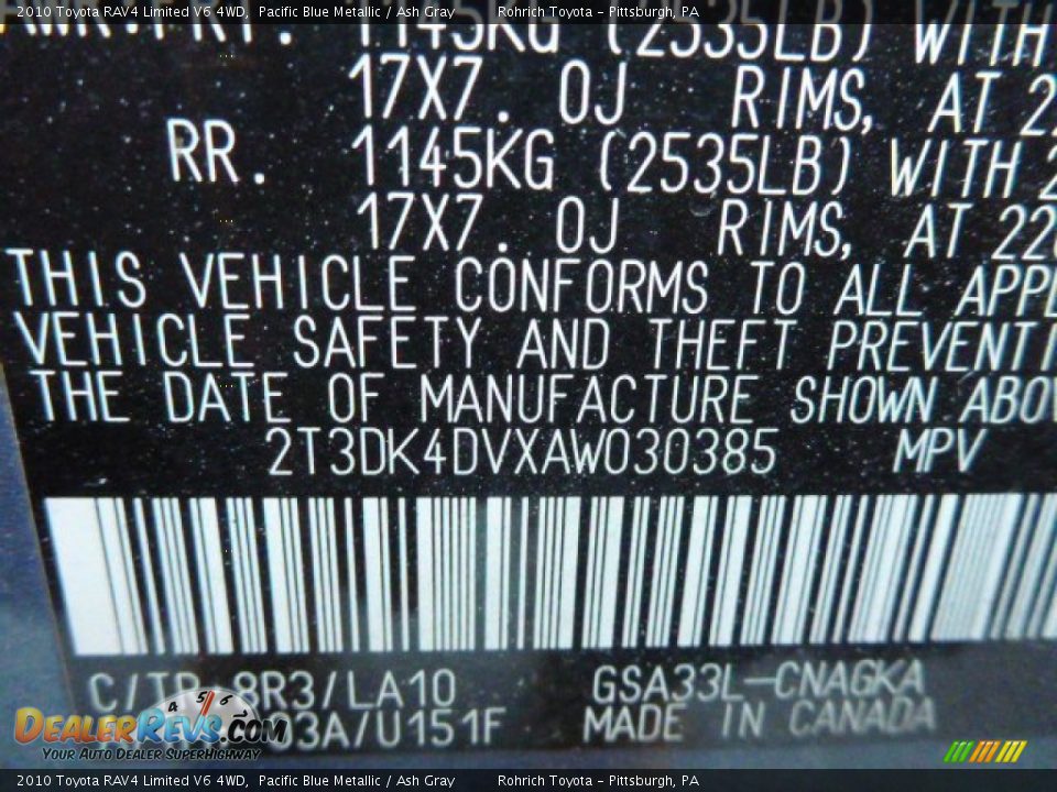 2010 Toyota RAV4 Limited V6 4WD Pacific Blue Metallic / Ash Gray Photo #3
