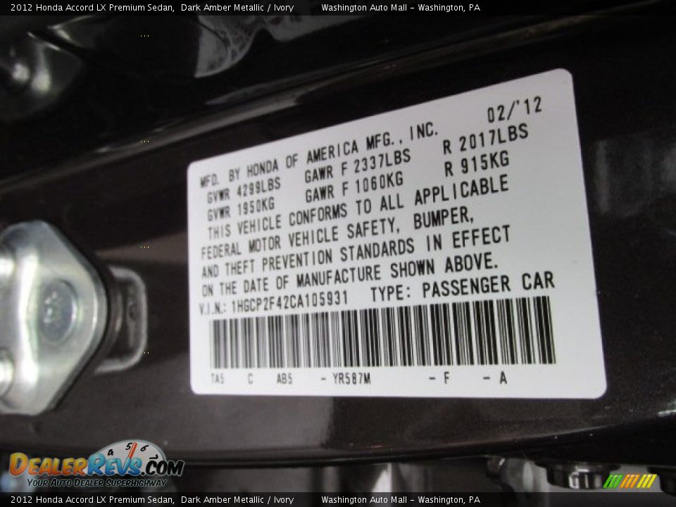 2012 Honda Accord LX Premium Sedan Dark Amber Metallic / Ivory Photo #19