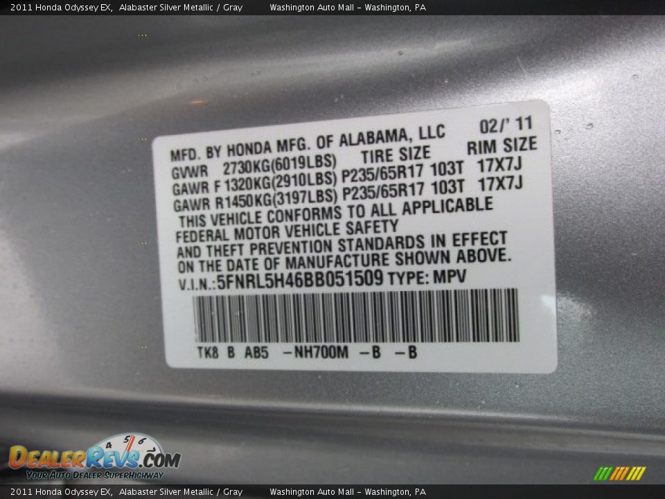 2011 Honda Odyssey EX Alabaster Silver Metallic / Gray Photo #19